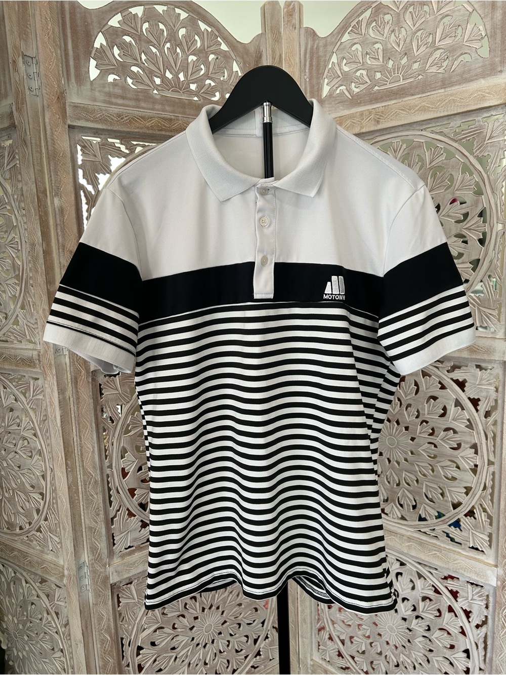 Motown K7 Mens 2XL Black White Striped Polo Shirt Retro Music Mod Logo